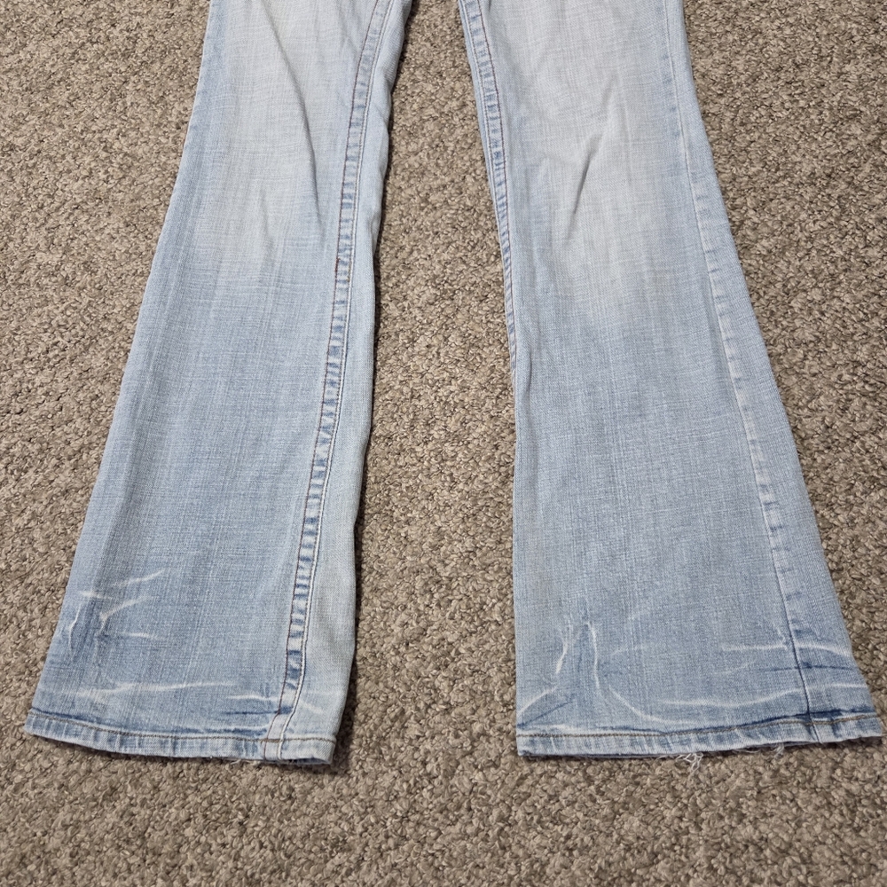VTG LEI Women's y2k Low Rise Hip Hugger Yellow Flower‎ Stitch Flared Jeans 31x32 - Picture 6 of 16